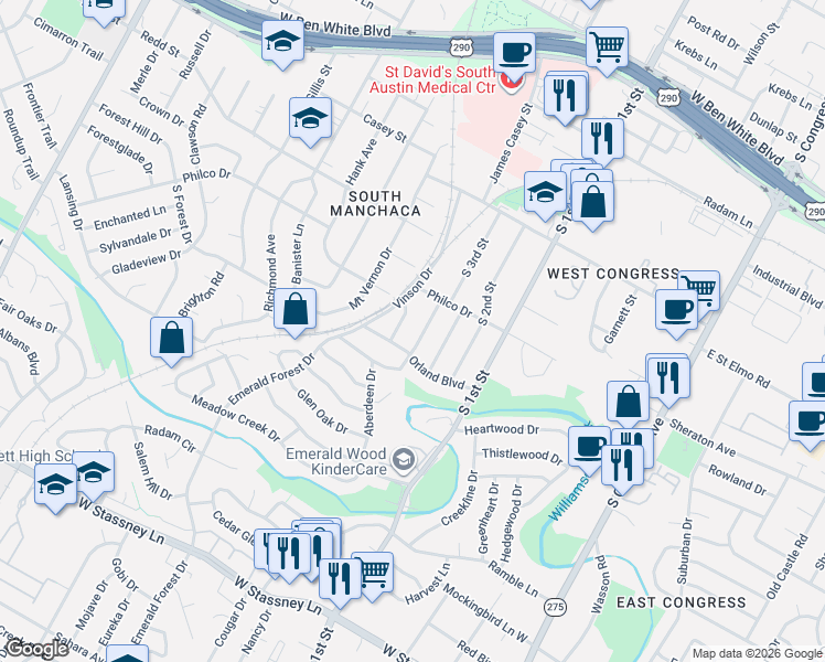 map of restaurants, bars, coffee shops, grocery stores, and more near 804 1/2 Orland Boulevard in Austin