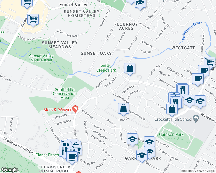 map of restaurants, bars, coffee shops, grocery stores, and more near 5912 West Gate Boulevard in Austin