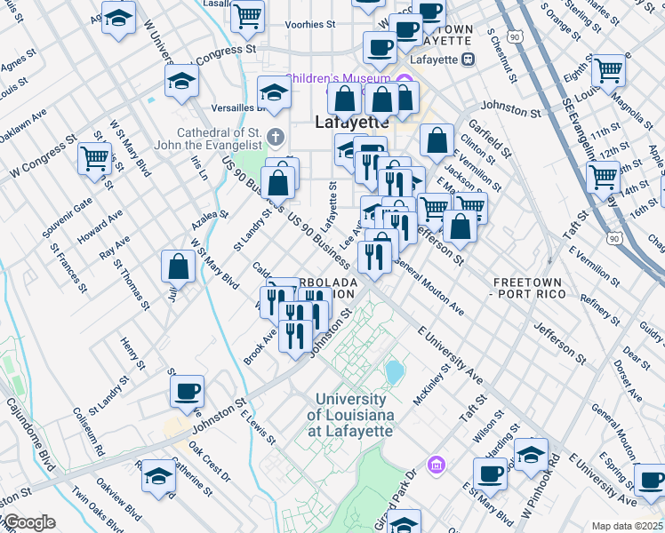 map of restaurants, bars, coffee shops, grocery stores, and more near 217 West University Avenue in Lafayette