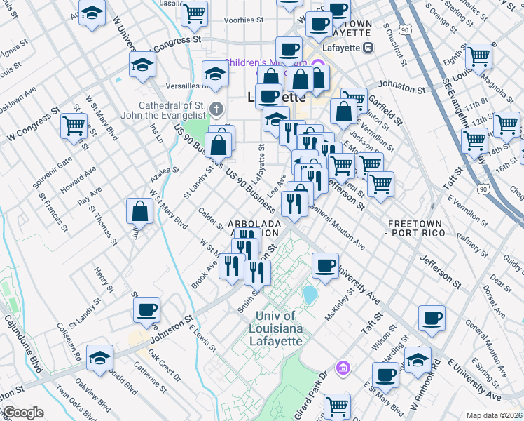 map of restaurants, bars, coffee shops, grocery stores, and more near 217 West University Avenue in Lafayette