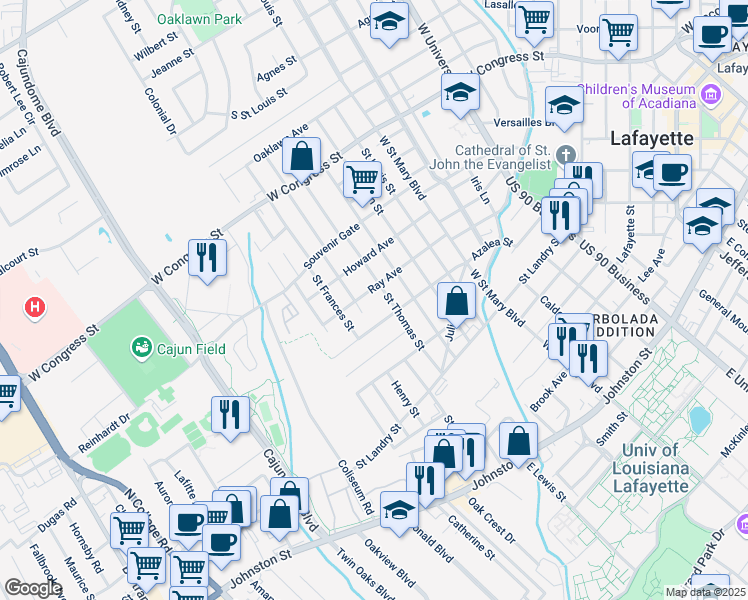 map of restaurants, bars, coffee shops, grocery stores, and more near 401 St Catherine St in Lafayette