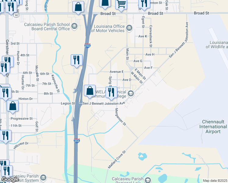 map of restaurants, bars, coffee shops, grocery stores, and more near 1803 Merganser Street in Lake Charles