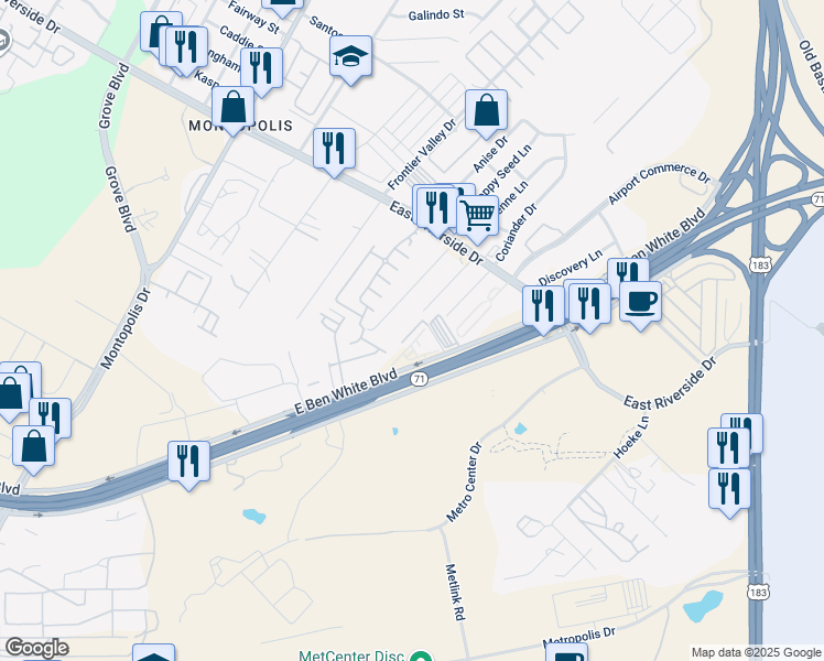 map of restaurants, bars, coffee shops, grocery stores, and more near 7310 East Ben White Boulevard in Austin