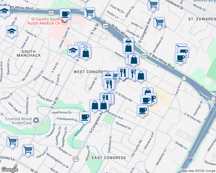 map of restaurants, bars, coffee shops, grocery stores, and more near 4402 South Congress Avenue in Austin