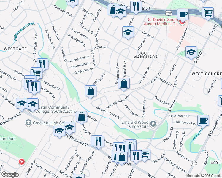 map of restaurants, bars, coffee shops, grocery stores, and more near 5102 Meadow Creek Cove in Austin