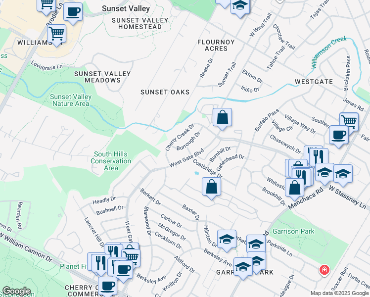 map of restaurants, bars, coffee shops, grocery stores, and more near 5912 West Gate Boulevard in Austin
