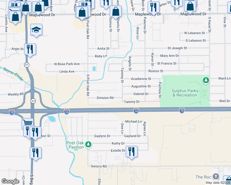 map of restaurants, bars, coffee shops, grocery stores, and more near 2233 Division Road in Sulphur