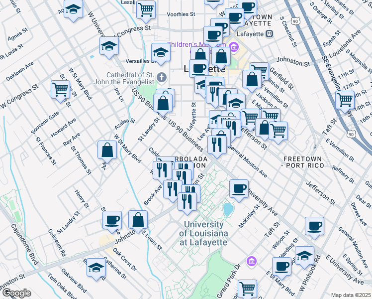 map of restaurants, bars, coffee shops, grocery stores, and more near 303-399 Brashear Street in Lafayette