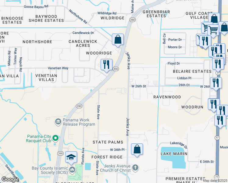 map of restaurants, bars, coffee shops, grocery stores, and more near 3940 Arbor Trace Drive in Lynn Haven
