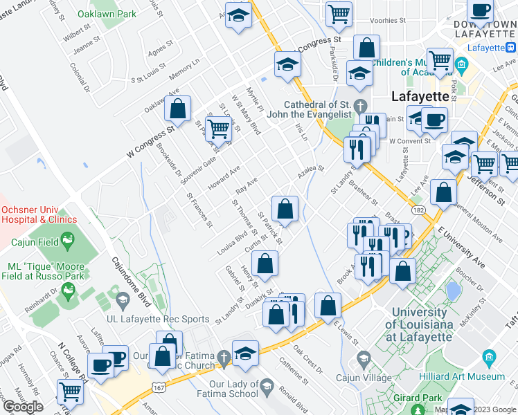 map of restaurants, bars, coffee shops, grocery stores, and more near 338 Saint Patrick Street in Lafayette