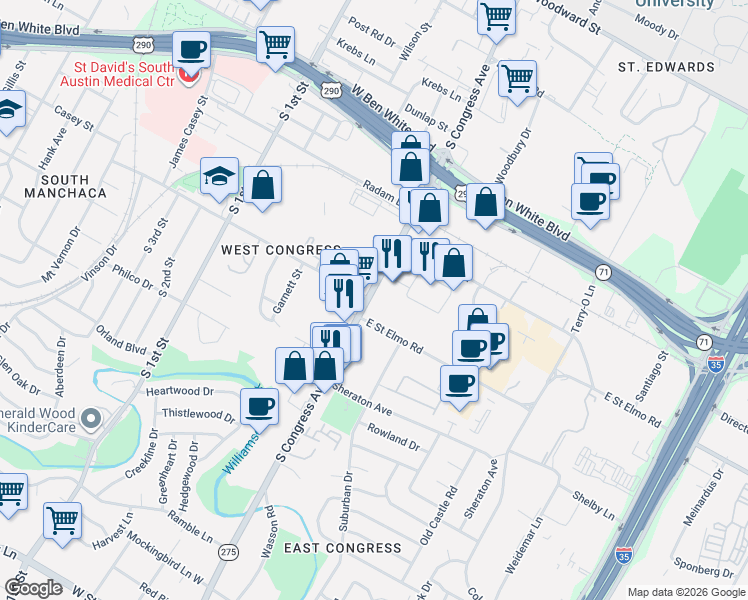 map of restaurants, bars, coffee shops, grocery stores, and more near 4361 South Congress Avenue in Austin