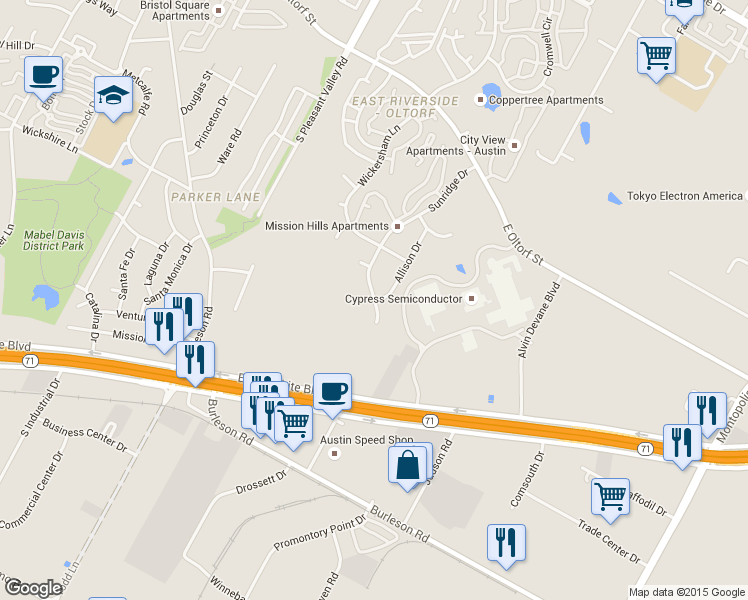 map of restaurants, bars, coffee shops, grocery stores, and more near Sunridge Dr & Allison Dr in Austin
