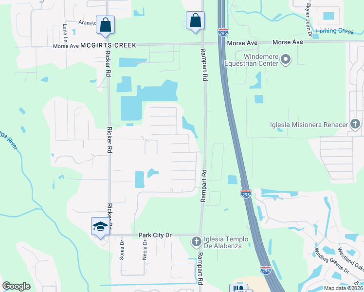map of restaurants, bars, coffee shops, grocery stores, and more near 7340 Grey Fox Lane in Jacksonville