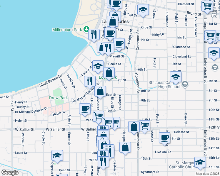 map of restaurants, bars, coffee shops, grocery stores, and more near 405 East Street in Lake Charles