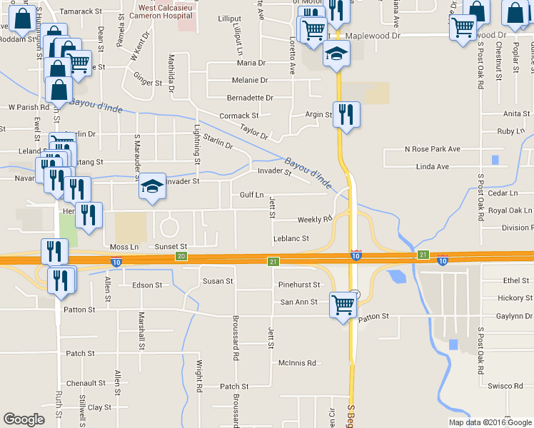 map of restaurants, bars, coffee shops, grocery stores, and more near 2207 Jett Street in Sulphur