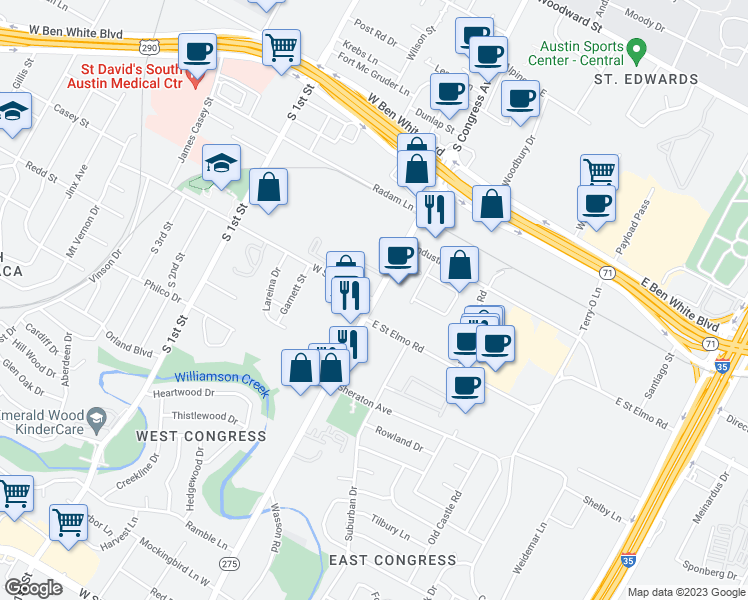 map of restaurants, bars, coffee shops, grocery stores, and more near S Congress Ave & W St Elmo Rd in Austin
