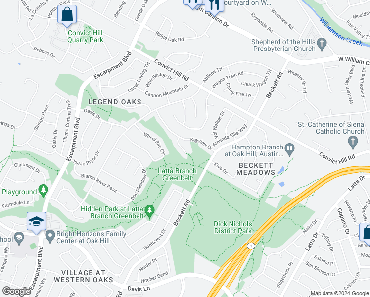 map of restaurants, bars, coffee shops, grocery stores, and more near 7807 Kincheon Court in Austin