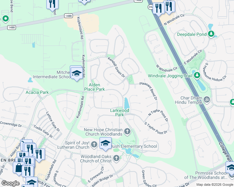 map of restaurants, bars, coffee shops, grocery stores, and more near 22 Wrens Song Place in Spring