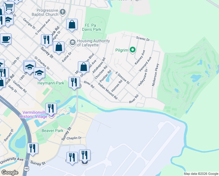 map of restaurants, bars, coffee shops, grocery stores, and more near 499 Indian Mound Road in Lafayette