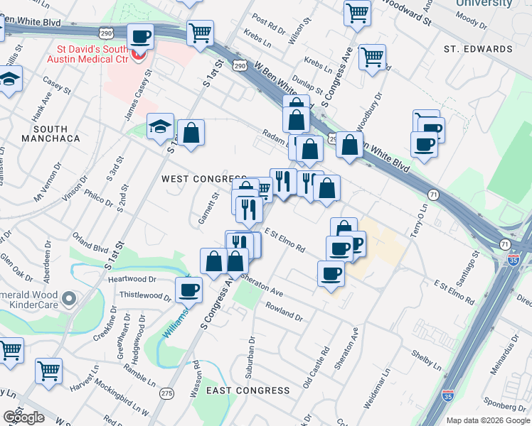 map of restaurants, bars, coffee shops, grocery stores, and more near 4361 South Congress Avenue in Austin