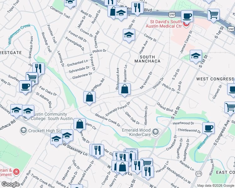 map of restaurants, bars, coffee shops, grocery stores, and more near 5010 Emerald Forest Circle in Austin