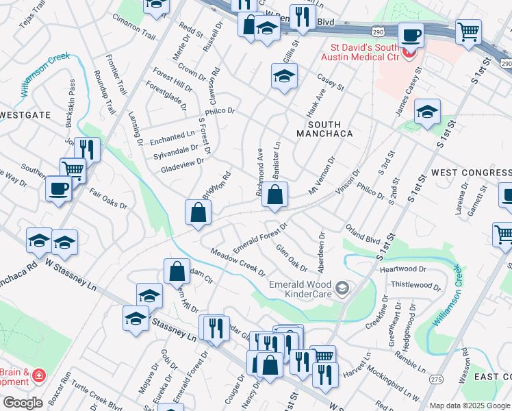 map of restaurants, bars, coffee shops, grocery stores, and more near 5010 Emerald Forest Circle in Austin
