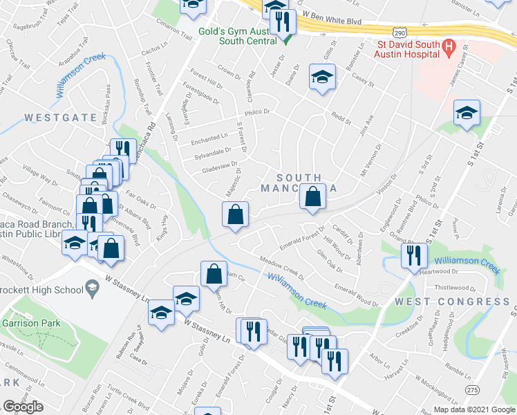 map of restaurants, bars, coffee shops, grocery stores, and more near 5054 Richmond Avenue in Austin