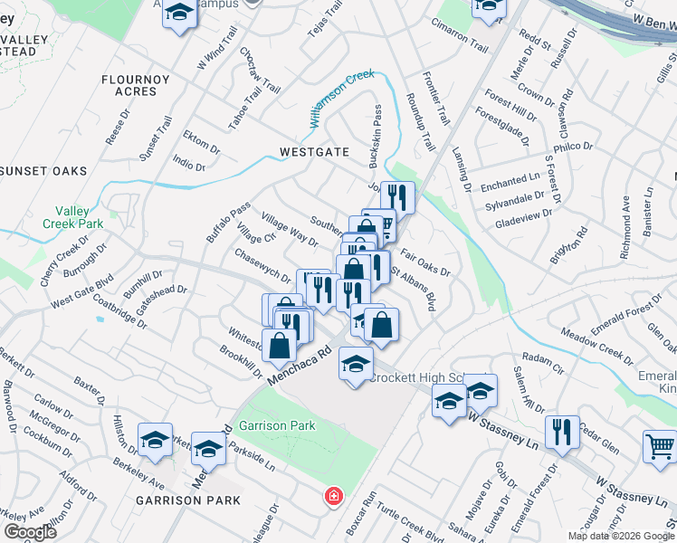 map of restaurants, bars, coffee shops, grocery stores, and more near 5408 Menchaca Road in Austin