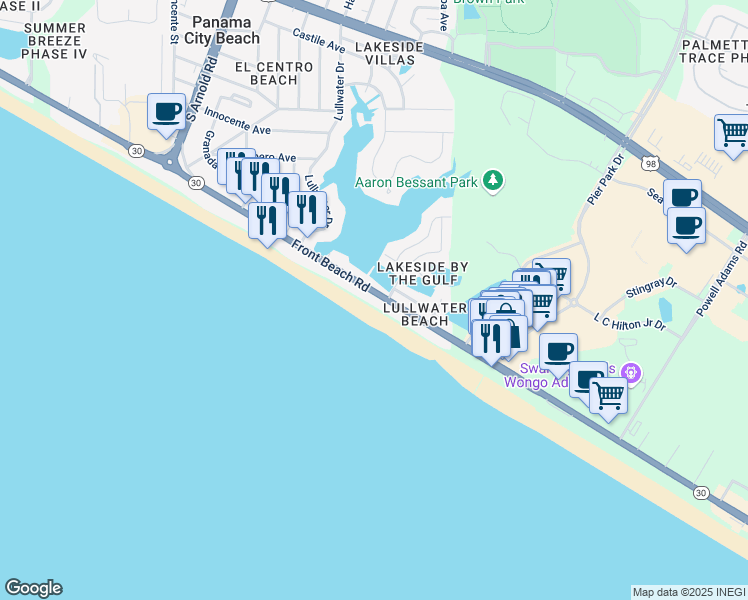 map of restaurants, bars, coffee shops, grocery stores, and more near 16513 Front Beach Road in Panama City Beach