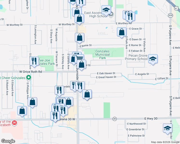 map of restaurants, bars, coffee shops, grocery stores, and more near 1920 South Brook Haven Avenue in Gonzales