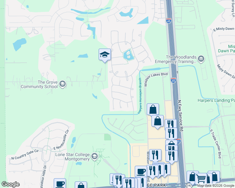 map of restaurants, bars, coffee shops, grocery stores, and more near 26 South Dylanshire Circle in The Woodlands