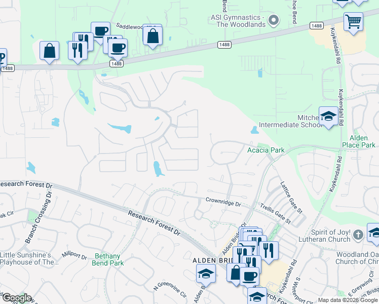 map of restaurants, bars, coffee shops, grocery stores, and more near 120 Wild Wick Way in The Woodlands