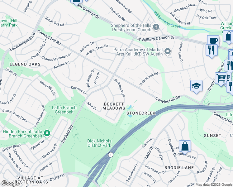 map of restaurants, bars, coffee shops, grocery stores, and more near 5204 Snowmass Cove in Austin