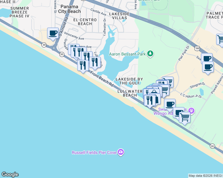 map of restaurants, bars, coffee shops, grocery stores, and more near 16513 Front Beach Rd in Panama City Beach