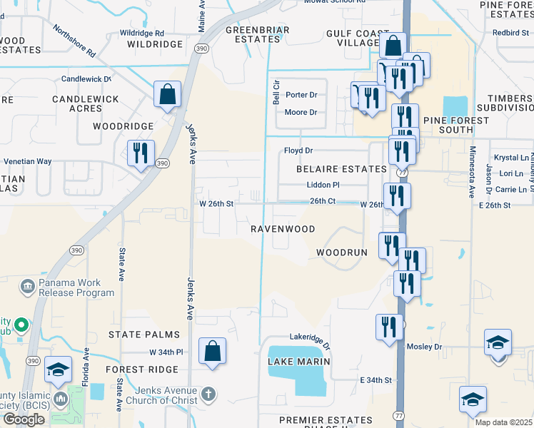 map of restaurants, bars, coffee shops, grocery stores, and more near 2708 Ravenwood Court in Lynn Haven