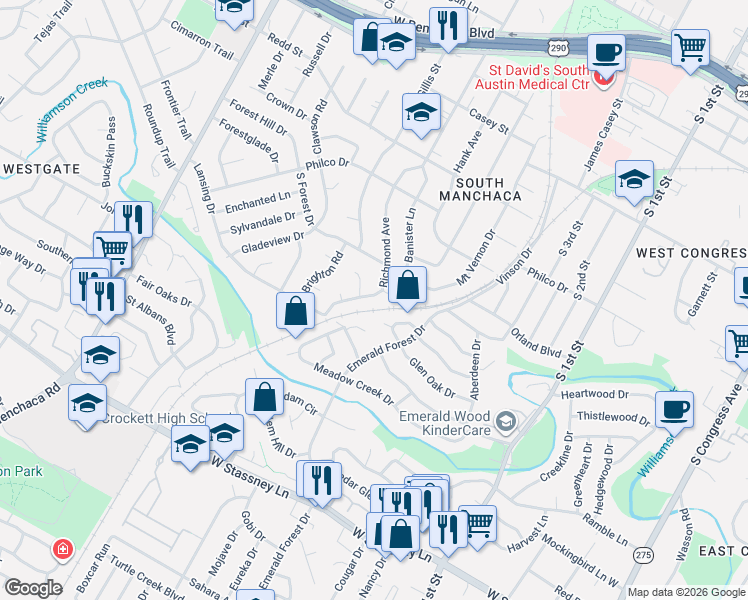 map of restaurants, bars, coffee shops, grocery stores, and more near 5102 Meadow Creek Cove in Austin