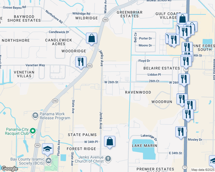 map of restaurants, bars, coffee shops, grocery stores, and more near 2607 Katie Marie Lane in Lynn Haven