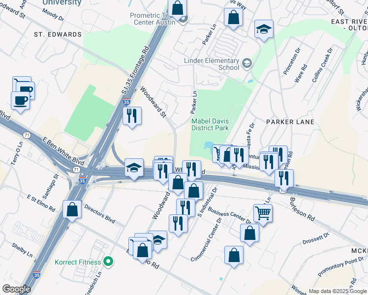 map of restaurants, bars, coffee shops, grocery stores, and more near 2000 Woodward Street in Austin