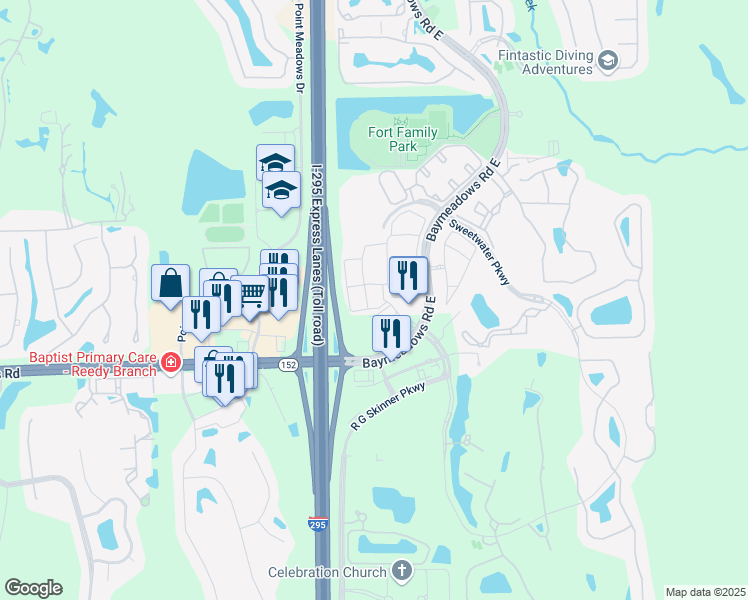 map of restaurants, bars, coffee shops, grocery stores, and more near 11395 Baymeadows Road East in Jacksonville