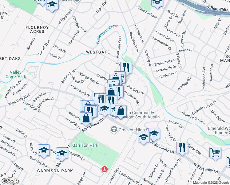 map of restaurants, bars, coffee shops, grocery stores, and more near 5408 Menchaca Road in Austin