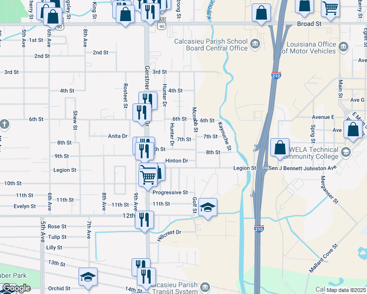 map of restaurants, bars, coffee shops, grocery stores, and more near 2707 7th St in Lake Charles