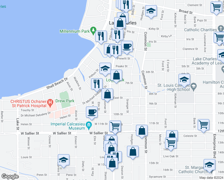 map of restaurants, bars, coffee shops, grocery stores, and more near 1625 Ryan Street in Lake Charles