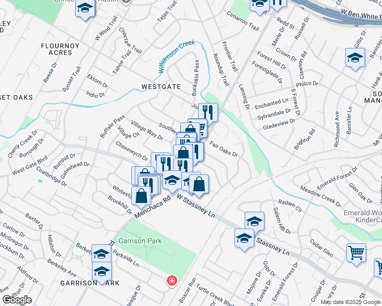 map of restaurants, bars, coffee shops, grocery stores, and more near 5304 Menchaca Road in Austin