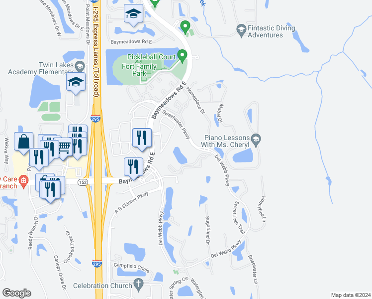 map of restaurants, bars, coffee shops, grocery stores, and more near 10061 Sweetwater Parkway in Jacksonville