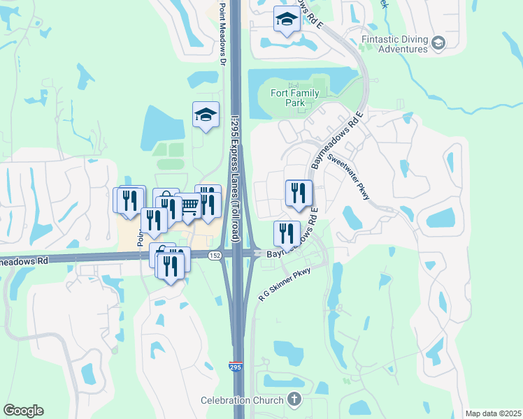 map of restaurants, bars, coffee shops, grocery stores, and more near East Beltway 295 in Jacksonville