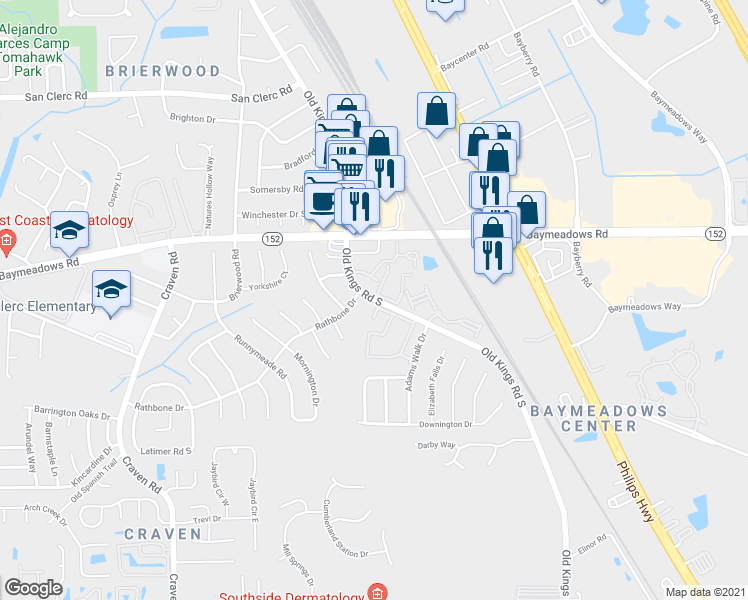 map of restaurants, bars, coffee shops, grocery stores, and more near 8849 Old Kings Road South in Jacksonville