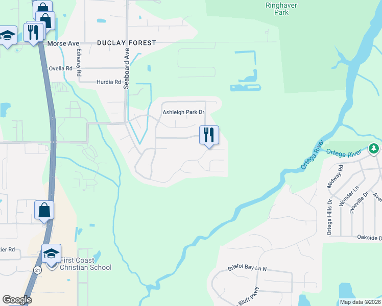 map of restaurants, bars, coffee shops, grocery stores, and more near 5540 Westland Station Road in Jacksonville