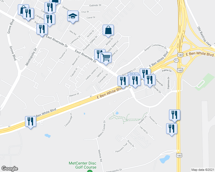 map of restaurants, bars, coffee shops, grocery stores, and more near 7403 East Riverside Drive in Austin