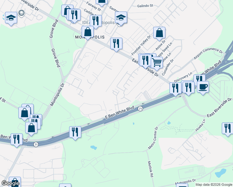 map of restaurants, bars, coffee shops, grocery stores, and more near 7105 Mowbray Street in Austin