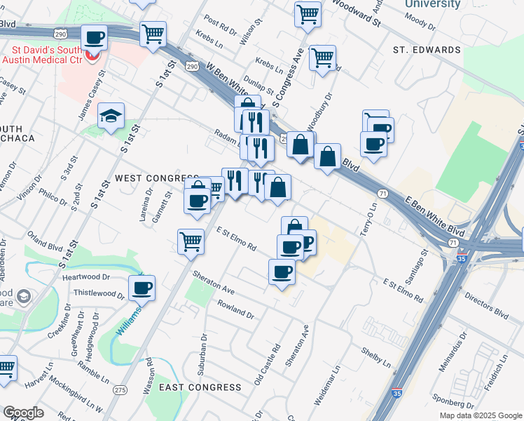map of restaurants, bars, coffee shops, grocery stores, and more near 201 Industrial Boulevard in Austin